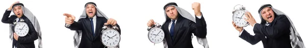 Hombre de negocios árabe con despertador en concepto de gestión del tiempo —  Fotos de Stock