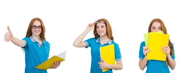 Estudante feminina com notas isoladas em branco — Fotografia de Stock