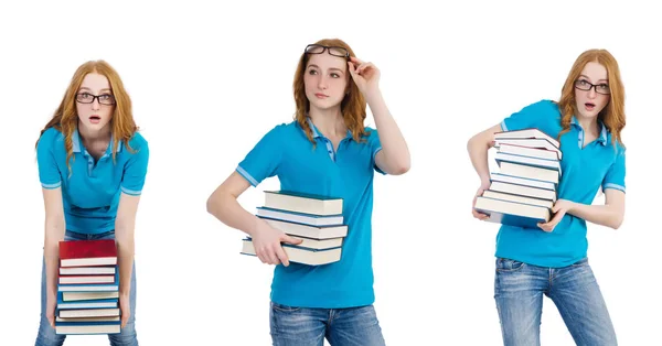 Vrouwelijke student met veel boeken op wit wordt geïsoleerd — Stockfoto