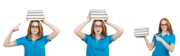 Estudante feminina com muitos livros isolados em branco — Fotografia de Stock