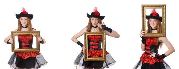 Woman pirate with picture frame isolated on white — Stock Photo, Image