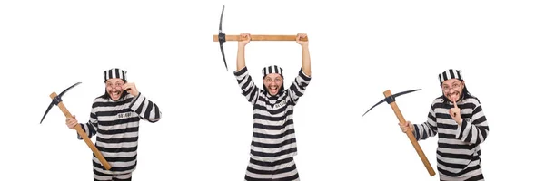 Prison inmate with axe isolated on white — Stock Photo, Image