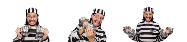 Hapishane tutuklu beyaz izole dumbbells ile — Stok fotoğraf