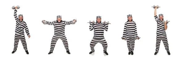 Prisioneiro com halteres isolados em branco — Fotografia de Stock