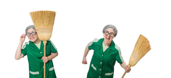 Woman with sweeping brush isolated on white — Stock Photo, Image