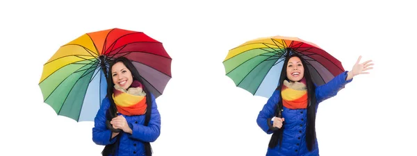 Hübsches Mädchen in blauer Winterjacke auf weißem Grund — Stockfoto