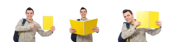 Estudante caucasiano sorridente com mochila e livro isolado no whi — Fotografia de Stock