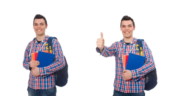 Sonriente estudiante caucásico con mochila y libro aislado en whi —  Fotos de Stock