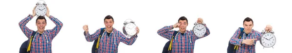 Φοιτητής κρατώντας ρολόι συναγερμών που απομονώνονται σε λευκό — Φωτογραφία Αρχείου