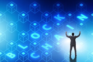 Blockchain yenilikçi konsepti ile işadamı 