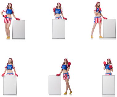 İle tahta üzerinde beyaz izole kadın boksör  