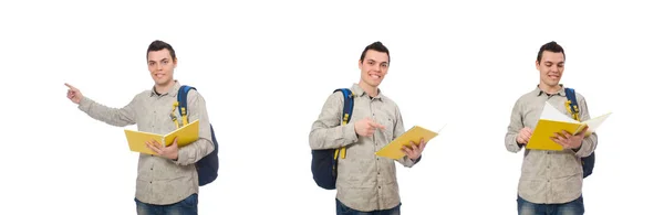 Улыбающийся кавказский студент с рюкзаком и книгой, изолированной по почему — стоковое фото