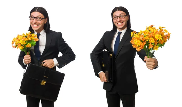 Knappe zakenman met bloem en korte geval geïsoleerd op whit — Stockfoto