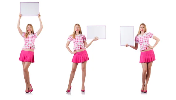 분홍색 흰색 절연 포스터와 금발 소녀 — 스톡 사진