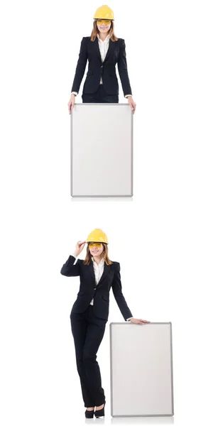 Junge Bauarbeiterin mit Whiteboard — Stockfoto