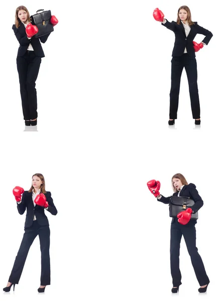 Mujer de negocios con guantes de boxeo aislados en blanco —  Fotos de Stock