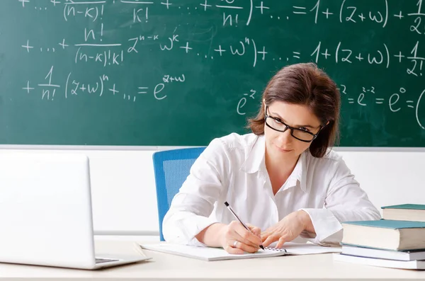 칠판 앞에서 여성 수학 교사 — 스톡 사진