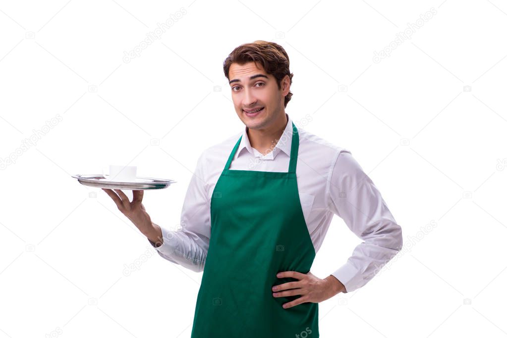 Young waiter isolated on white background