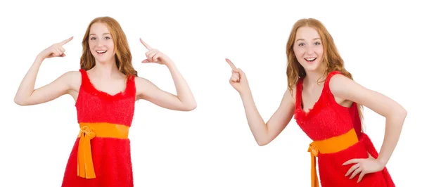 Молодая красивая девушка в красном платье указывая изолированные на белом — стоковое фото