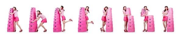 Junge Frau mit Aufbewahrungsboxen auf weiß — Stockfoto