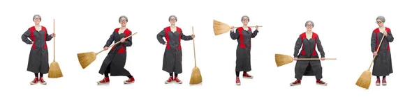 Woman with sweeping brush isolated on white — Stock Photo, Image