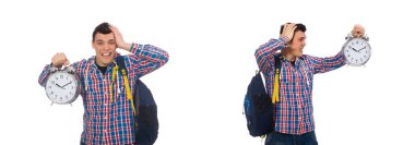 Çalar saat üzerinde beyaz izole holding öğrenci