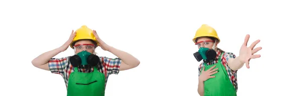 Trabalhadora feminina vestindo macacão e máscara de gás isolado em branco — Fotografia de Stock