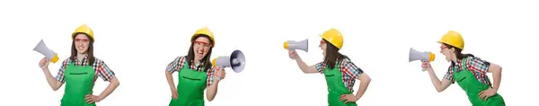 Woman wearing hard hat with loudspeaker — Stock Photo, Image