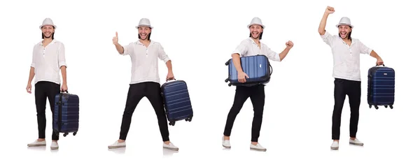 Турист с чемоданом изолирован на белом — стоковое фото