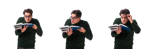 Nerd junge Studentin mit Büchern auf Weiß — Stockfoto