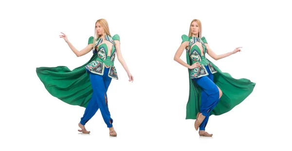 Žena Orientální Zelené Oblečení Izolovaných Bílém — Stock fotografie