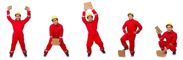 Construction worker with clay bricks on white — Stock Photo, Image