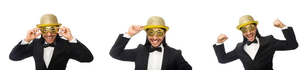 Lustiger Mann mit Maske auf weißem Hintergrund — Stockfoto