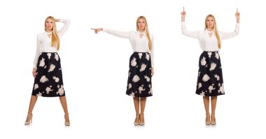 Siyah etekli, beyaz çiçekli güzel bir kız.