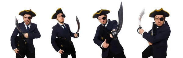 En blåögd pirat med portfölj och svärd isolerad på vit — Stockfoto