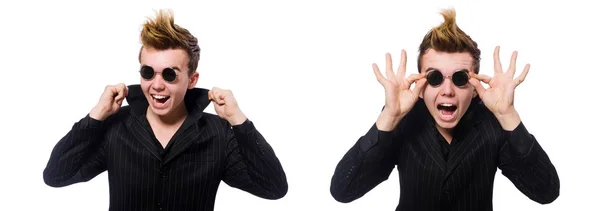 Hombre divertido con gafas de sol aisladas en blanco —  Fotos de Stock