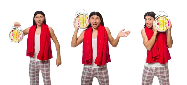 Funny man with clock isolated on white — Stock Photo, Image