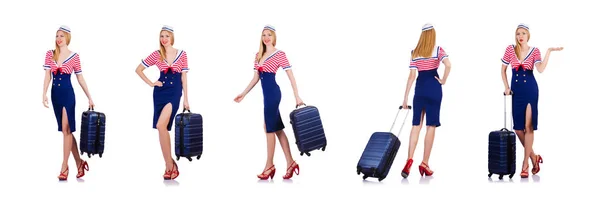 Hôtesse de l'air avec bagages sur blanc — Photo