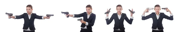 Donna donna d'affari con pistola su bianco — Foto Stock