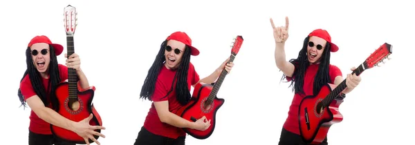 Positieve jongen met gitaar geïsoleerd op wit — Stockfoto