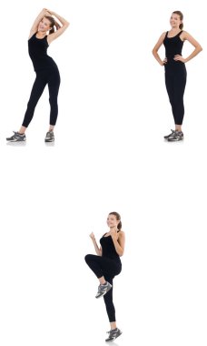 Beyazlar üzerinde izole edilmiş egzersizler yapan genç kadın. 