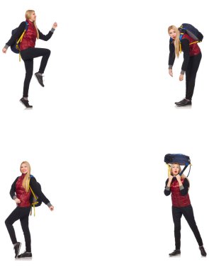 Sırt çantalı genç bir kadın bembeyaz 