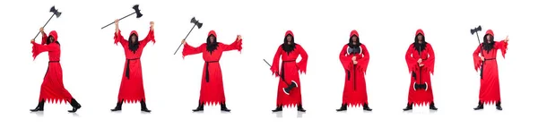 Executor em traje vermelho com machado em branco — Fotografia de Stock