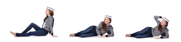 Ung kvinna sjöman isolerad på vit — Stockfoto