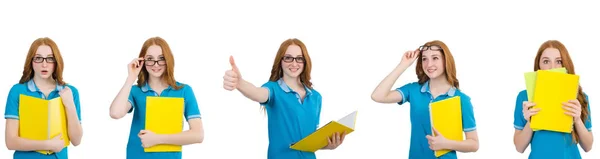 Estudiante femenina con notas aisladas en blanco —  Fotos de Stock