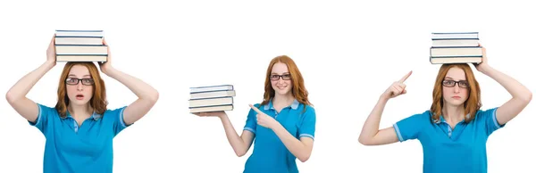 Estudante feminina com muitos livros isolados em branco — Fotografia de Stock