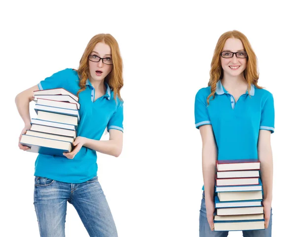 Vrouwelijke student met veel boeken op wit wordt geïsoleerd — Stockfoto