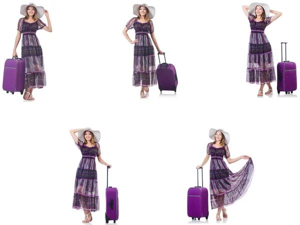 Junge Frau mit Koffer isoliert auf weiß — Stockfoto