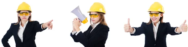 Female builder with megaphone isolated on white — Stock Photo, Image