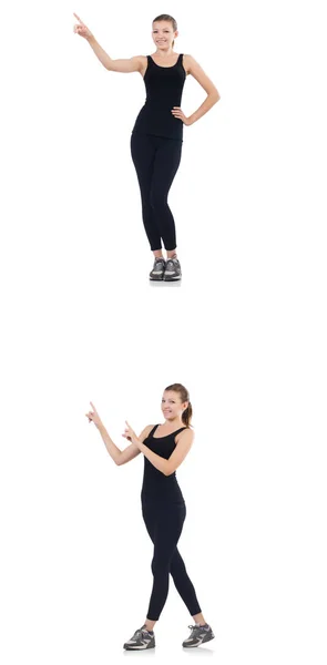 Jonge vrouw doet oefeningen geïsoleerd op wit — Stockfoto